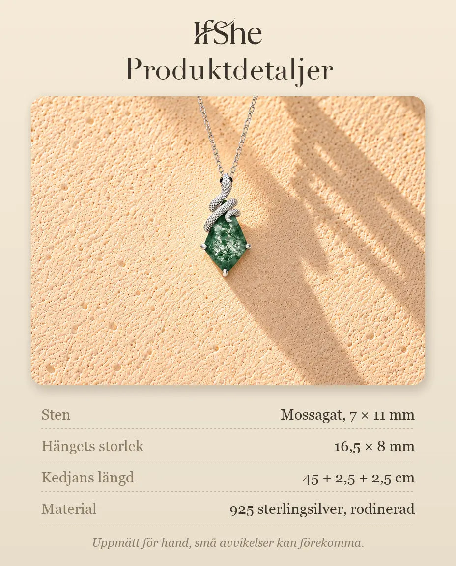Moss Agate Halsband med Orm i 925 Sterlingsilver - produktdetaljer med stenar, hängets storlek, kedjans längd och material