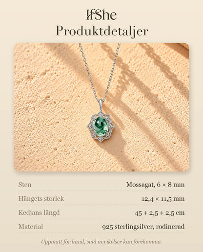Moss Agate Halsband i Vintagestil i 925 Sterlingsilver - produktdetaljer med stenar, hängets storlek, kedjans längd och material