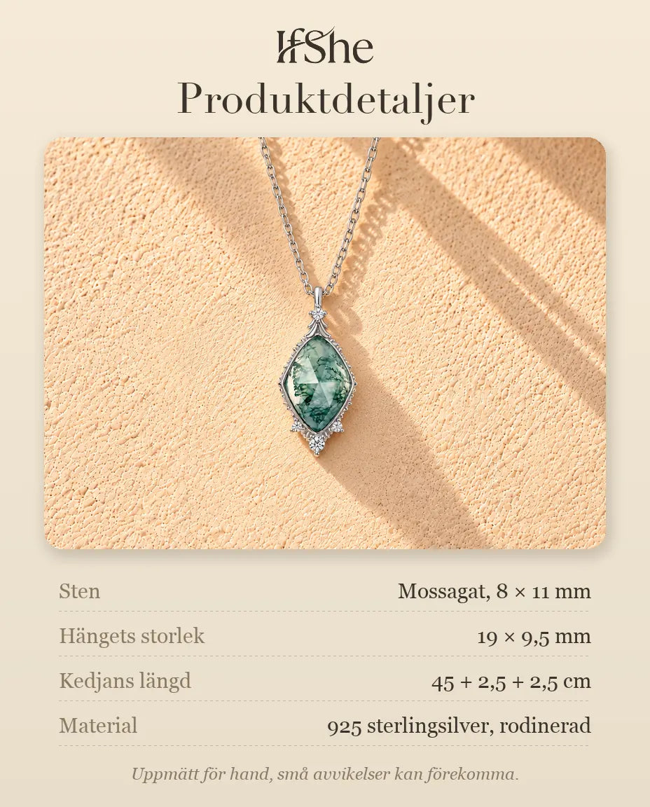 Moss Agate Halsband med Romb i 925 Sterlingsilver - produktdetaljer med stenar, hängets storlek, kedjans längd och material