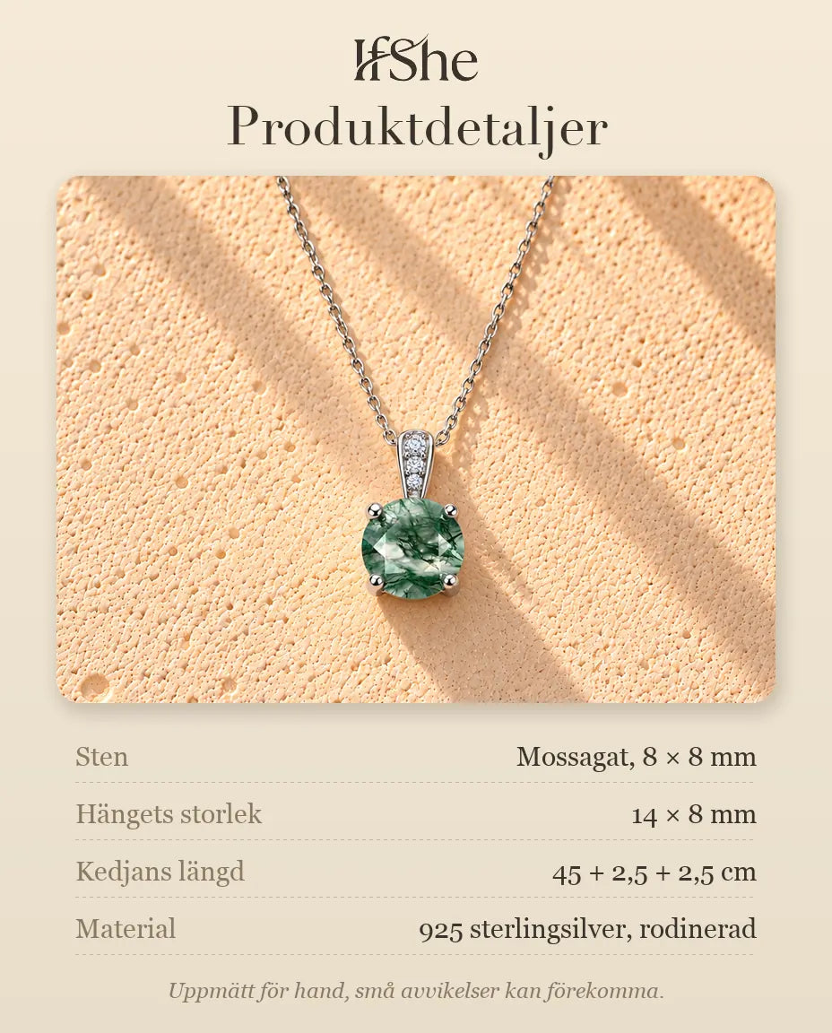 Moss Agate Halsband med Rund Solitär i 925 Sterlingsilver - produktdetaljer med stenar, hängets storlek, kedjans längd och material