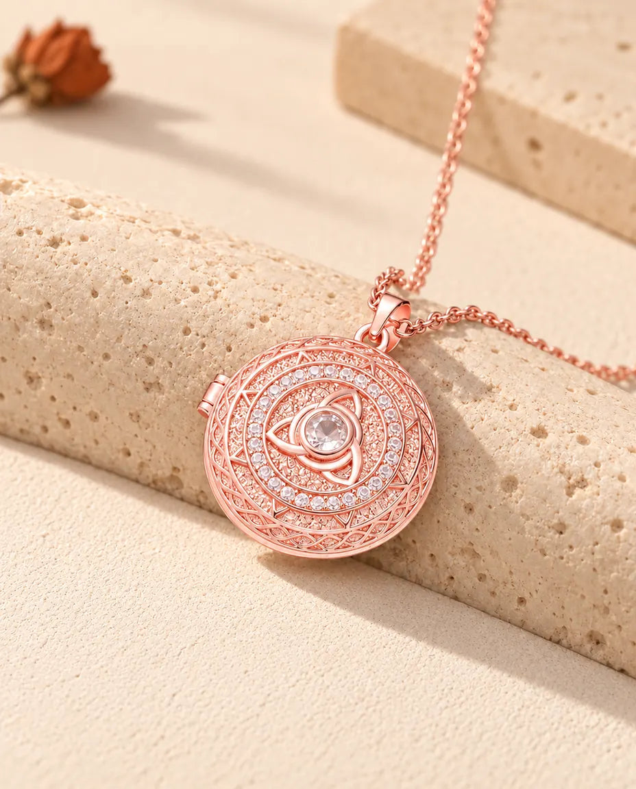 Roséguldfärgad fotomedaljong med triquetra och en ring av zirkonia som vilar på travertin