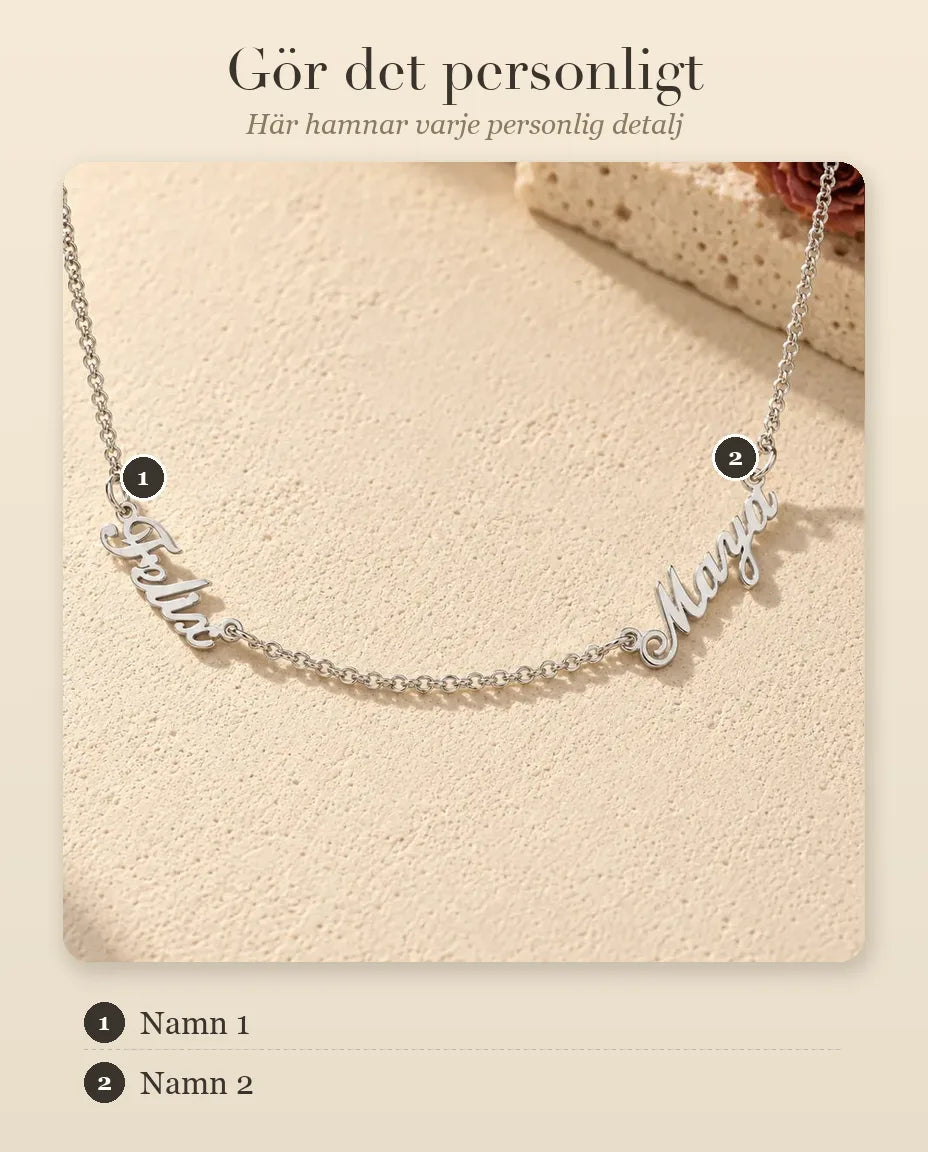 Halsband med Två Namn i 925 Sterling Silver - personaliseringsguide: var namnet hamnar