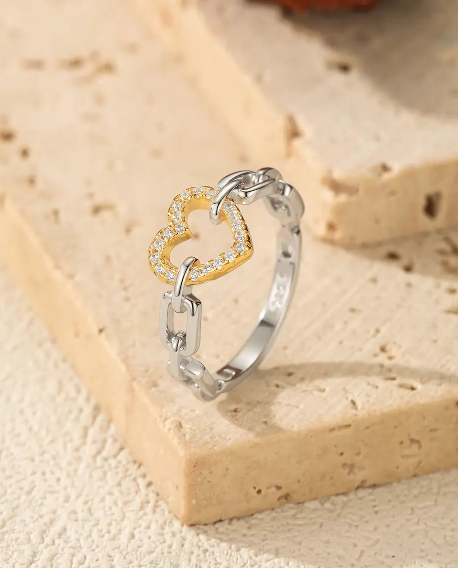 Hjärta Länkring tvåfärgad - öppet guldfärgat hjärta på länkskena i silver, storlek 5 till 9, 925 sterlingsilver