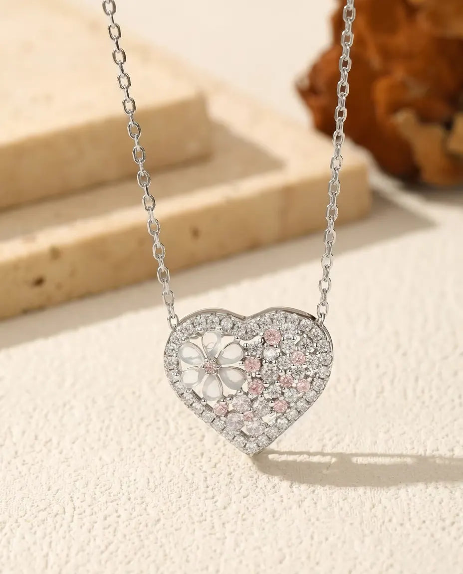 Hjärthalsband med pärlemorblomma - rosa och klar zirkonia på 16 x 18 mm hänge, 925 silver, 40 plus 5 cm kedja