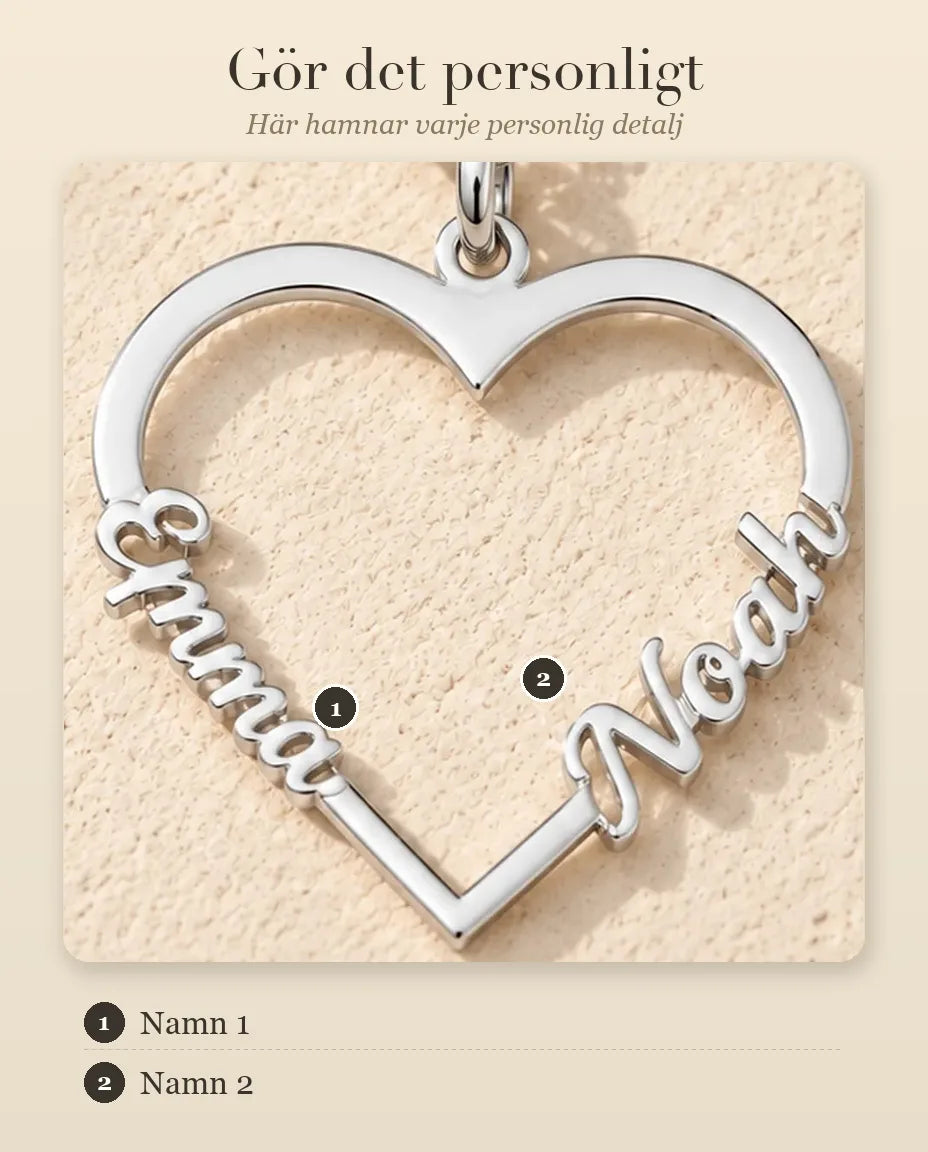 Hjärthalsband med Två Namn i 925 Sterling Silver - personaliseringsguide: var namnet hamnar