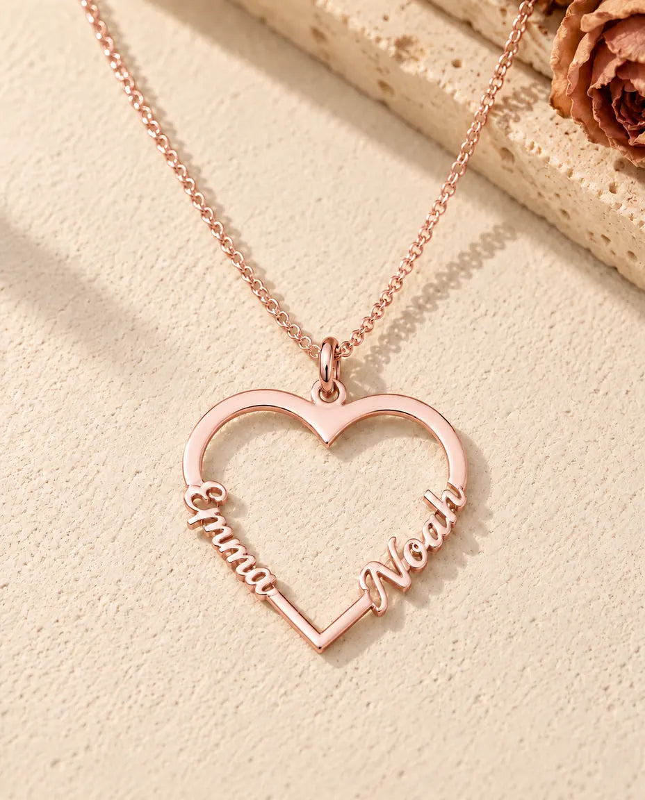 Hjärthalsband med Två Namn i 925 Sterling Silver - roséguldfinish