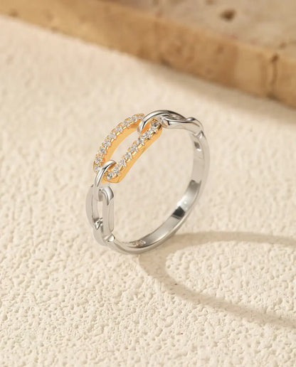 Länkring Tvåfärgad - guldfärgad pavélänk mellan silverlänkar, storlek 5 till 9, 925 sterlingsilver