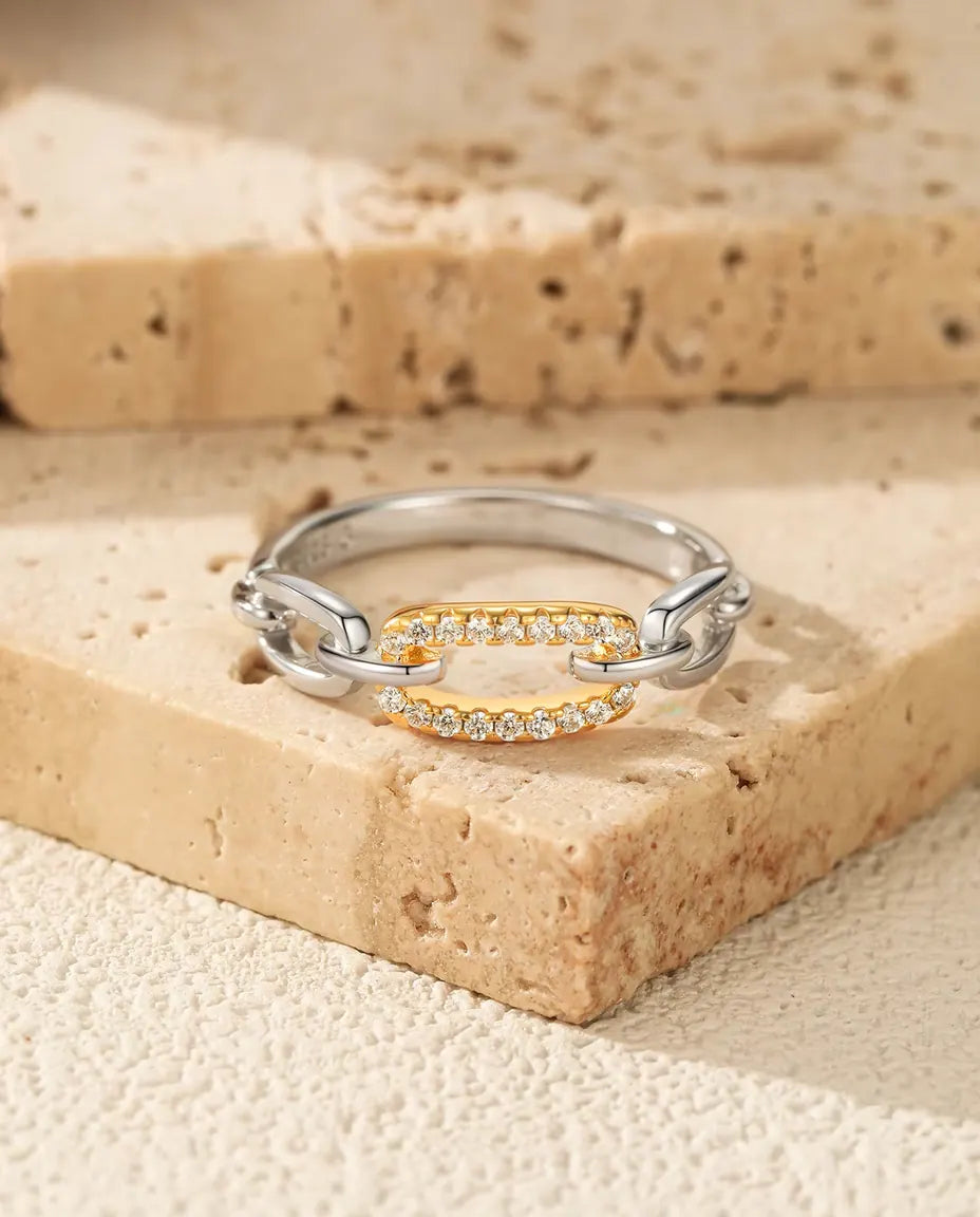 Länkring Tvåfärgad - guldfärgad pavélänk mellan silverlänkar, storlek 5 till 9, 925 sterlingsilver