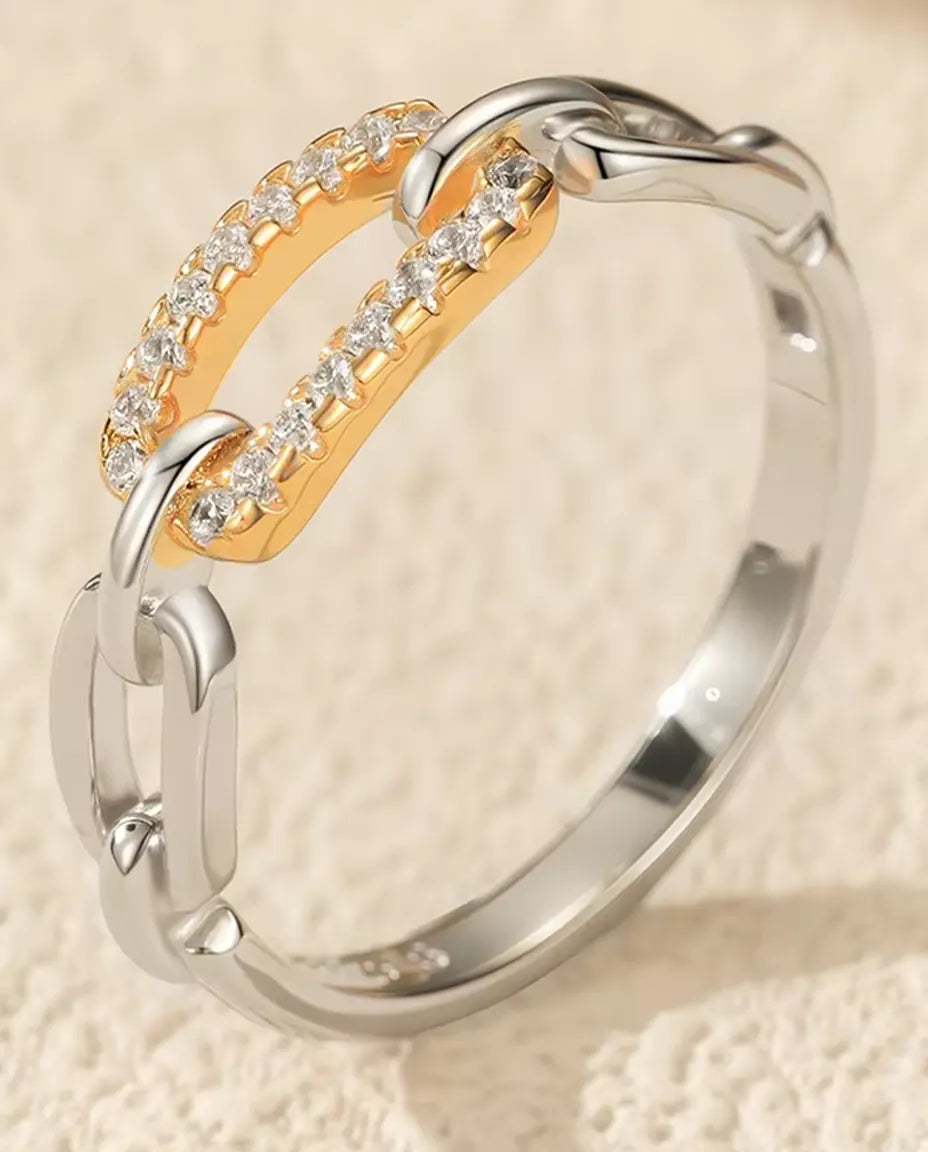 Länkring Tvåfärgad - guldfärgad pavélänk mellan silverlänkar, storlek 5 till 9, 925 sterlingsilver