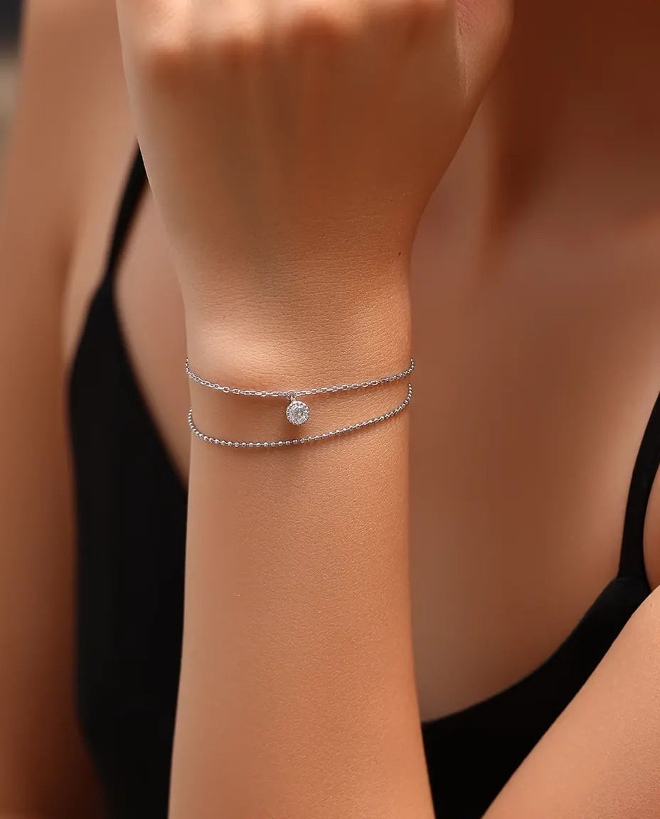 Moissanite Armband med Hänge - sten på 0,50 ct i infattning på dubbel kedja, 925 sterlingsilver, 16+3 cm