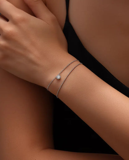 Moissanite Armband med Hänge - sten på 0,50 ct i infattning på dubbel kedja, 925 sterlingsilver, 16+3 cm