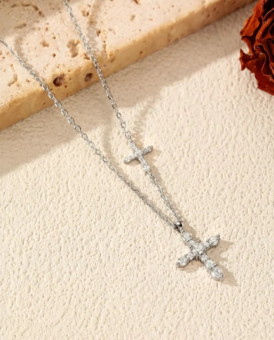 Moissanite Halsband Dubbelkors - pavéinfattat korshänge och liggande kors på kedjan, 925 silver, 40+5 cm