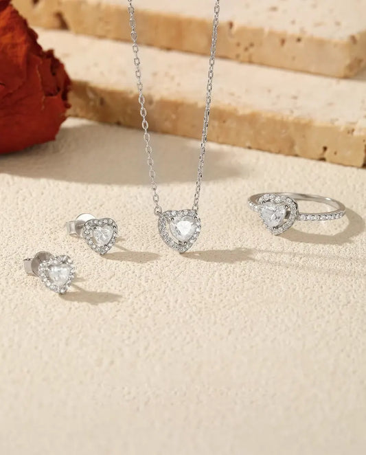 Moissanite Smyckeset med Hjärta i 925 Sterlingsilver - hela setet på ljus sten