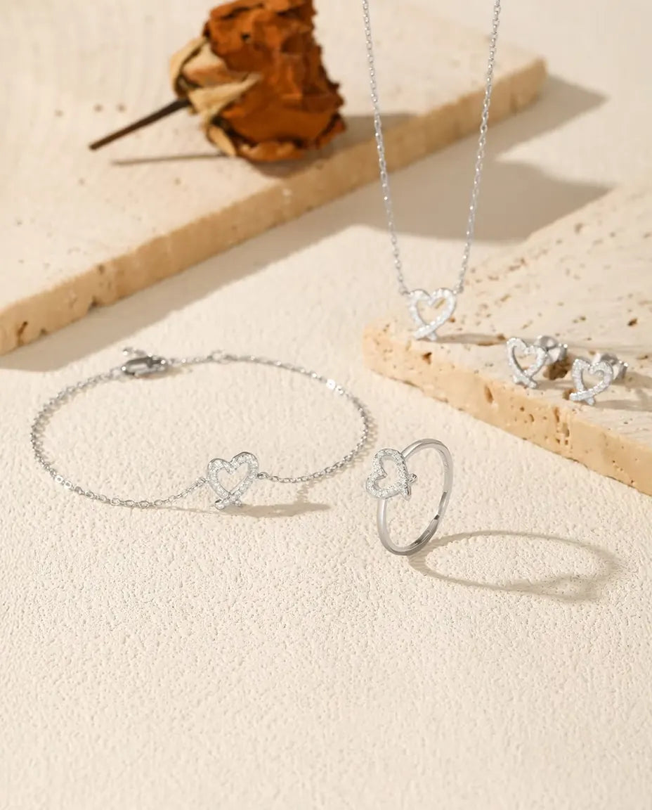Moissanite smyckeset med öppet hjärta i 925 sterlingsilver: halsband, armband, ring och örhängen