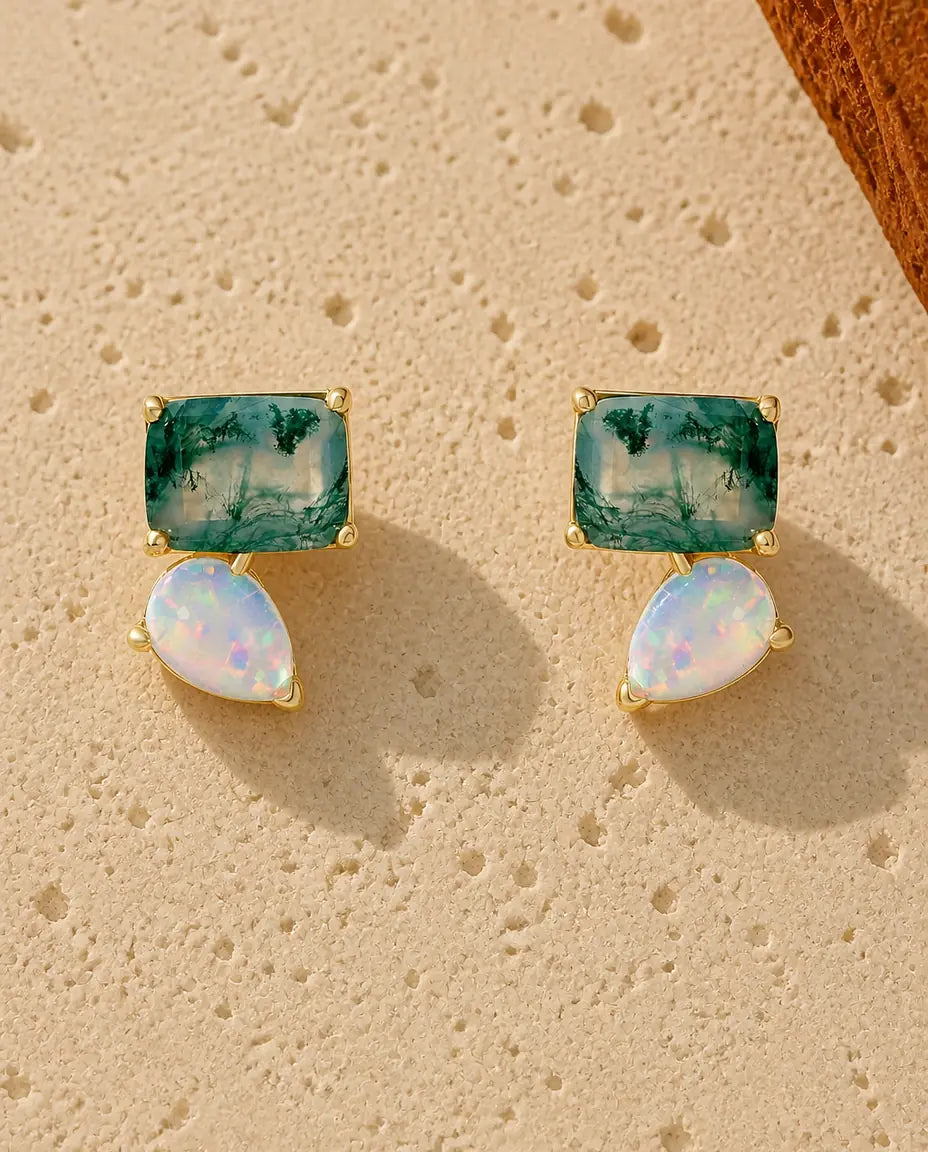 Mossagat Örstickare - Rektangulär grön mossagat med päronformad opal, 925 sterlingsilver med guldplätering, present till henne