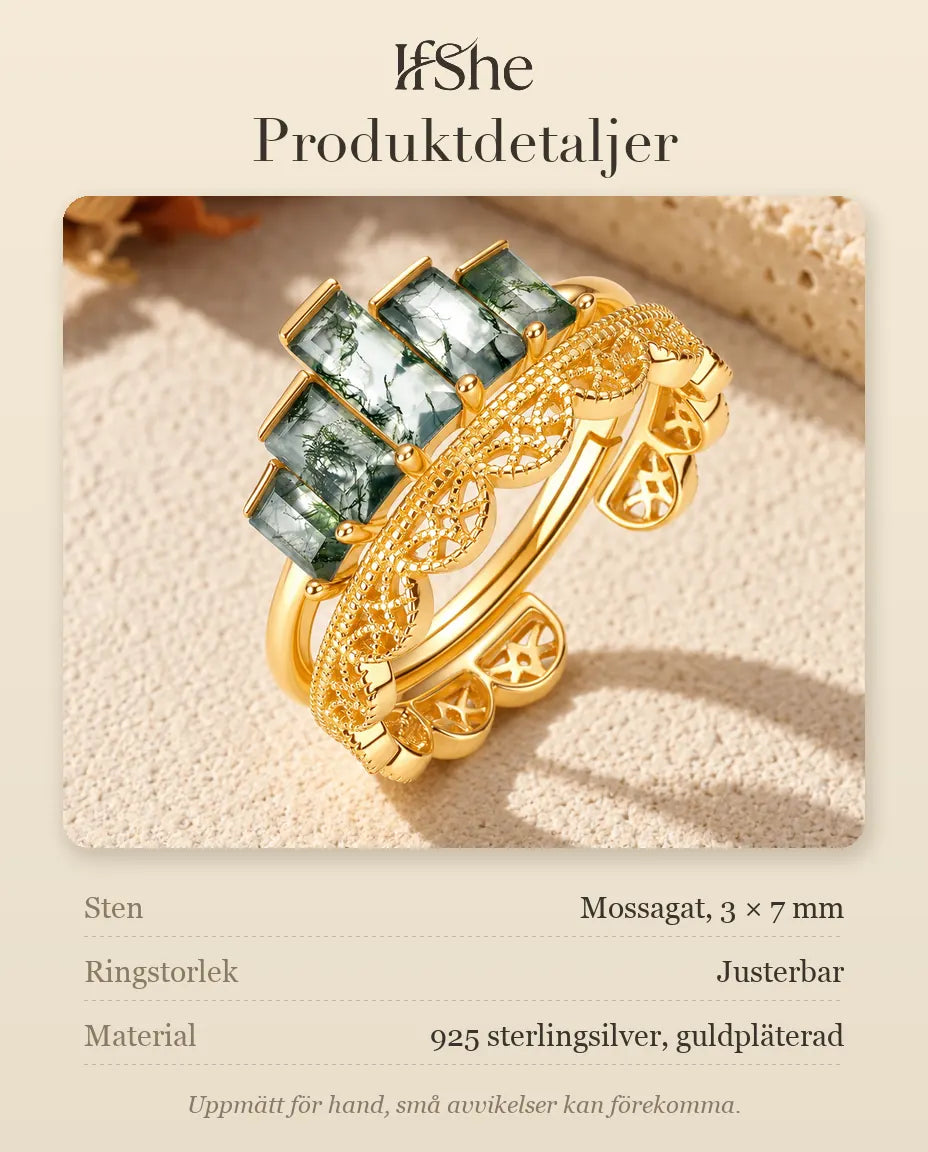 Moss Agate Stapelbara Ringar i Guldpläterat 925 Sterlingsilver - produktdetaljer med stenstorlek, ringstorlek och material
