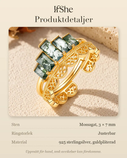 Moss Agate Stapelbara Ringar i Guldpläterat 925 Sterlingsilver - produktdetaljer med stenstorlek, ringstorlek och material