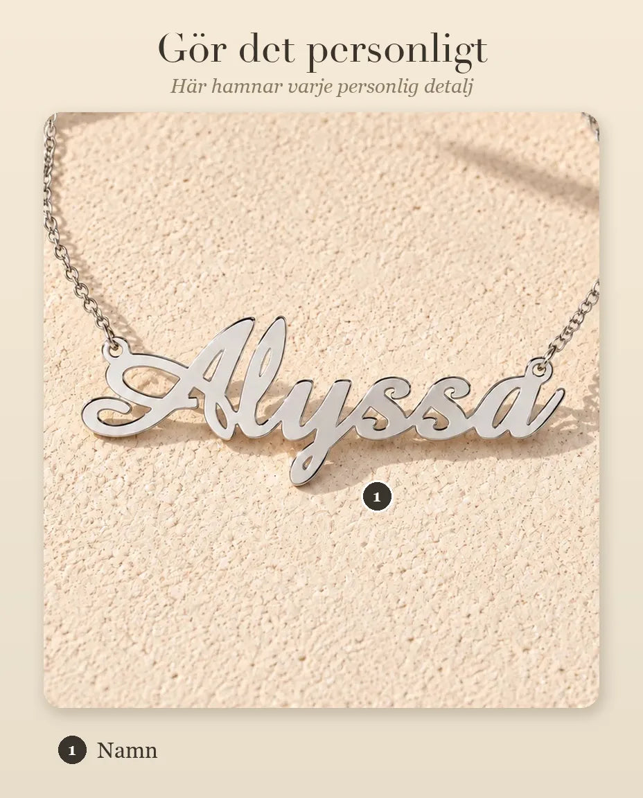 Namnhalsband i 925 Sterling Silver - personaliseringsguide: var namnet hamnar