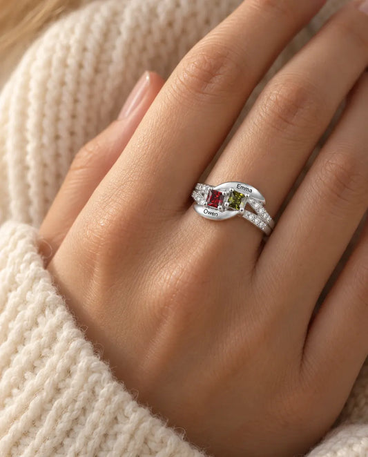 Personlig Ring med 2 Namn och 2 Månadsstenar - ring i 925 sterlingsilver för par eller mamma med gravyr