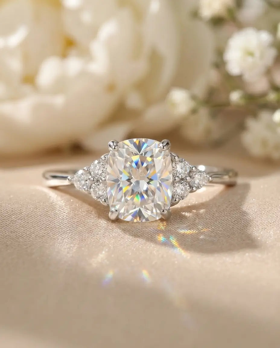 Moissanite Ring – 1 ct Avlång Kuddslipning i Klusterfattning, Förlovningsring i 925 Sterling Silver