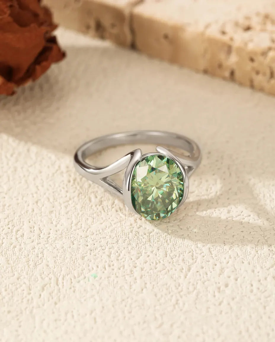 Grön Moissanite Ring – 3 ct Ovalslipad i Modern Spännfattning, 925 Sterling Silver, Statementring