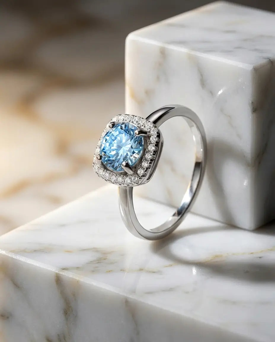Moissanite Ring Havsblå 1 ct Halo – 925 Sterling Silver, Present till Henne