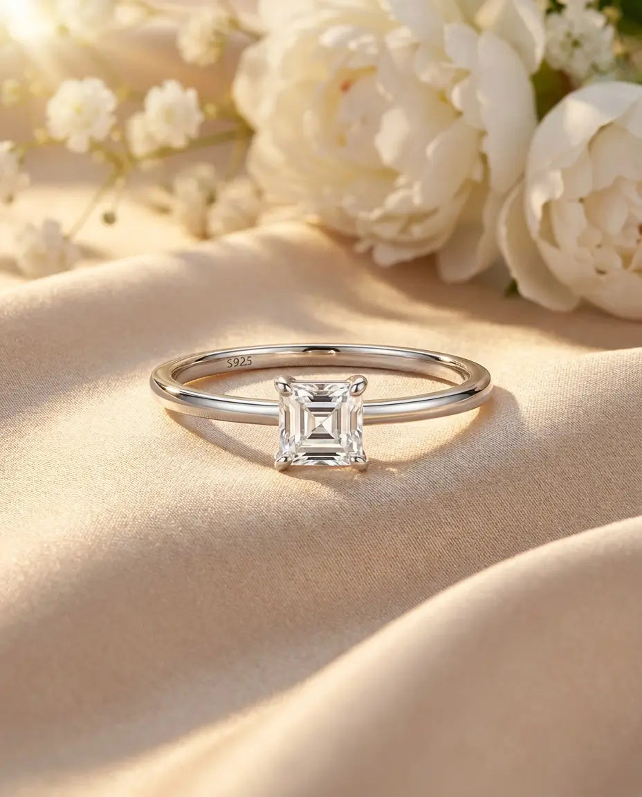 Moissanite Ring – Prinsesslipad Solitär 0,35 ct på Tunn Skena i 925 Sterling Silver, Löftesring
