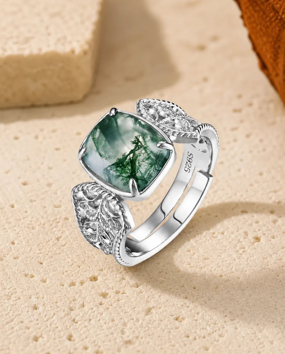 Moss Agate Cocktailring – Kuddformad Cabochon med Filigran i 925 Sterling Silver, Justerbar