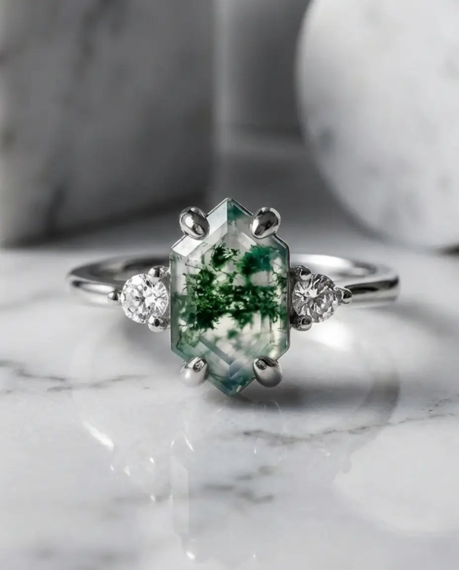 Moss Agate Ring – Trilogi med Zirkonia, Öppen Justerbar Skena i Silver, Guld eller Roséguld
