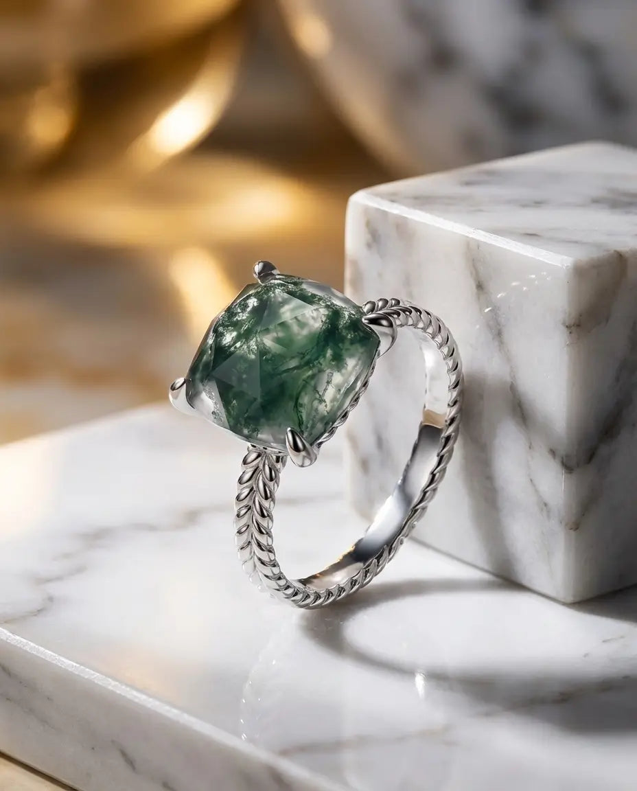 Moss Agate Ring – Kuddslipad Sten 10 mm med Tvinnad Skena, Vitguldpläterat 925 Sterling Silver