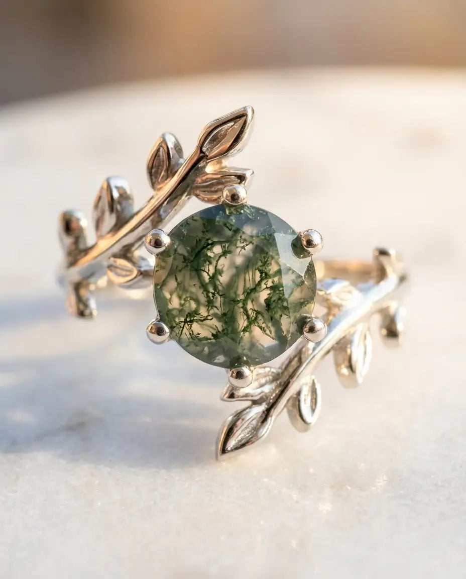 Moss Agate Ring – Solitär med Sammanflätade Löv och Kvistar, Rund Sten 8 mm i 925 Sterling Silver