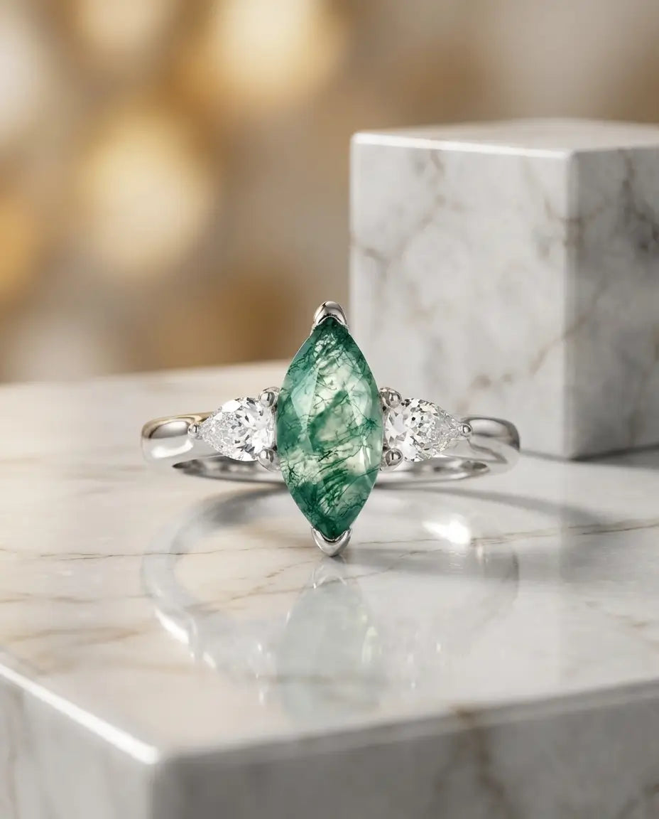Moss Agate Ring – Marquise Trilogi, Vitguldspläterat 925 Sterling Silver, Present till Henne