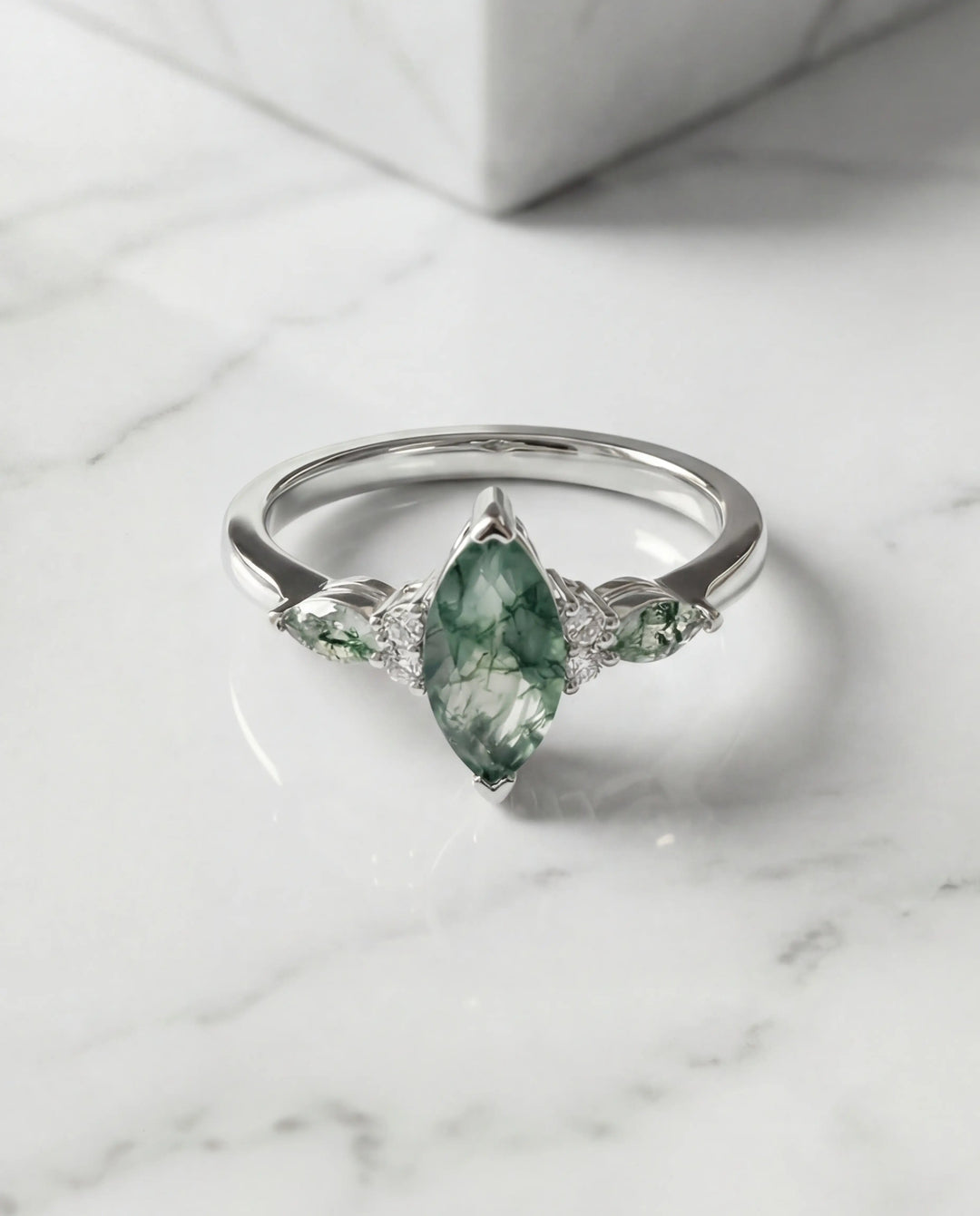 Moss Agate Ring – Marquiseslipad Sten i 925 Sterling Silver, Vintage Förlovningsring med Naturkänsla