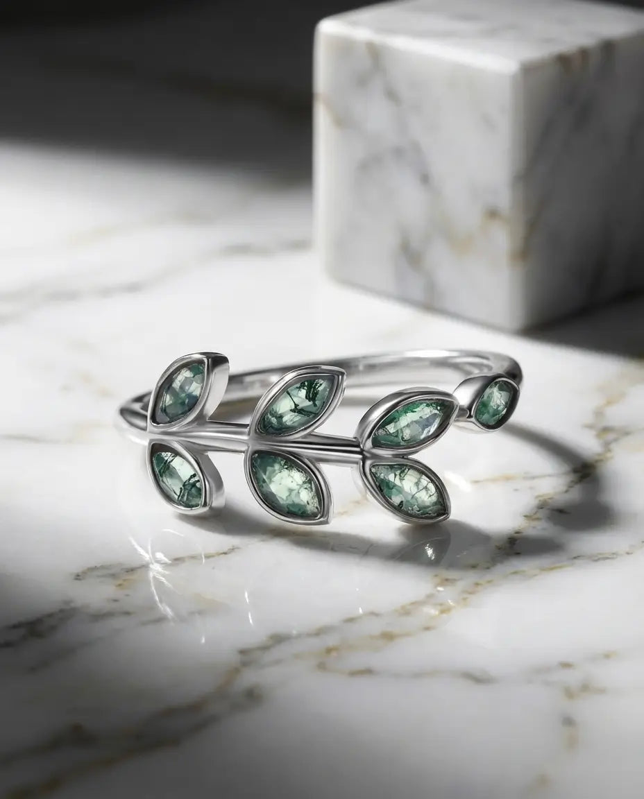 Moss Agate Ring – Olivkvist i Vitguldpläterat 925 Sterling Silver, Justerbar Present till Henne
