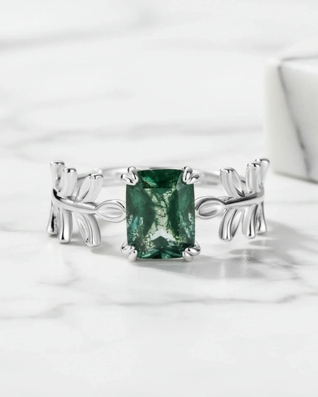Moss Agate Ring – Smaragdslipad Sten på Öppen Lövskena, 925 Sterling Silver, Förlovnings- och Löftesring
