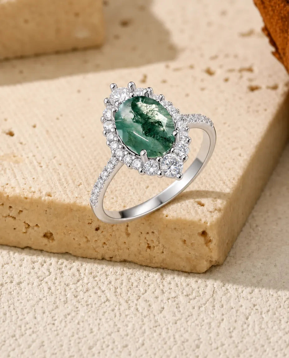 Moss Agate Ring – Fasettslipad Oval med Halo och Pavéskena, 925 Sterling Silver, Förlovningsring