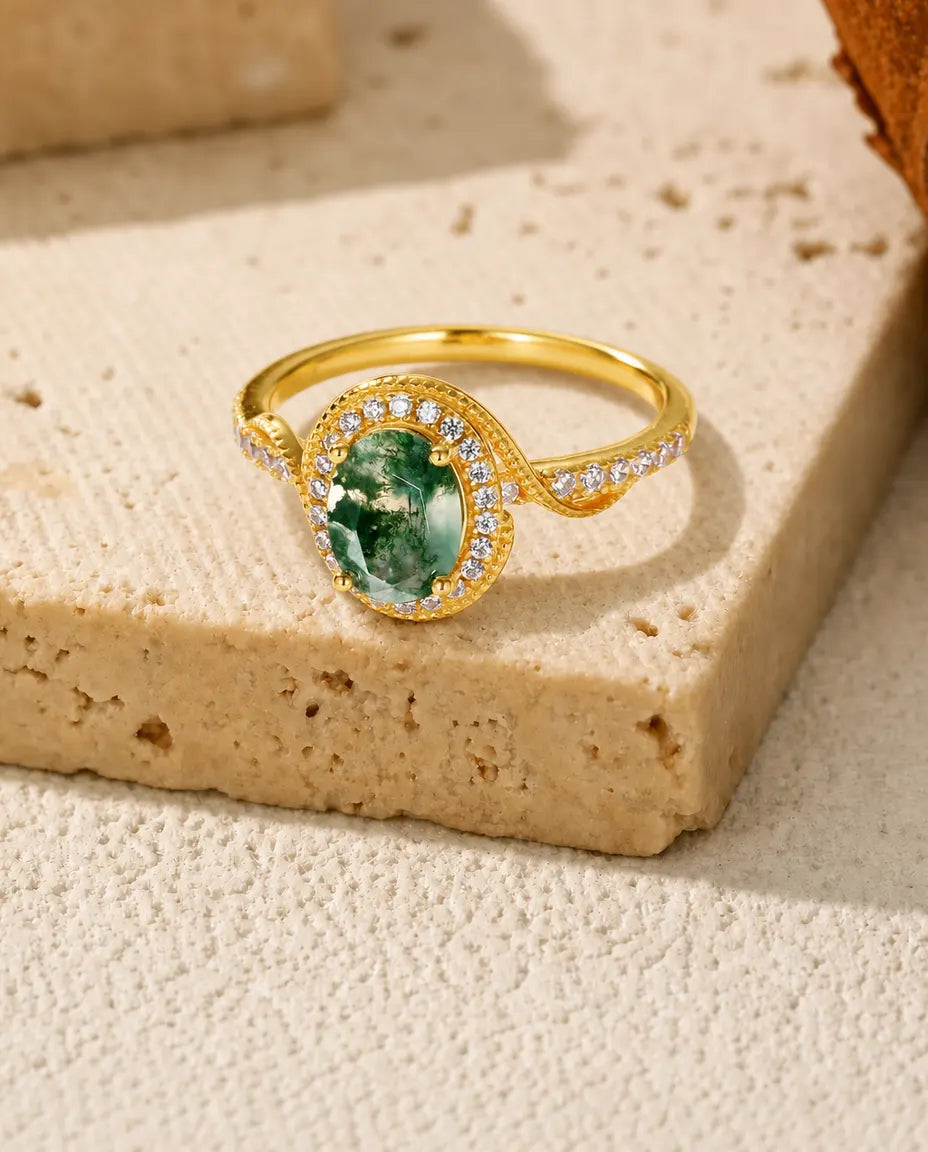 Moss Agate Ring – Rosenslipad Oval med Milgrain-halo, 10K Guldpläterat 925 Sterling Silver, Vintagering