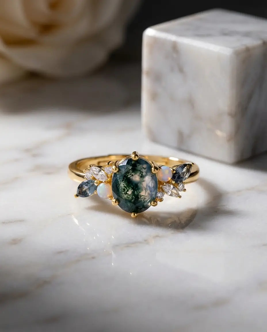 Moss Agate Ring – Oval med Opaler och Blå Zirkonia, Justerbar 10K Guldpläterad Vintagering
