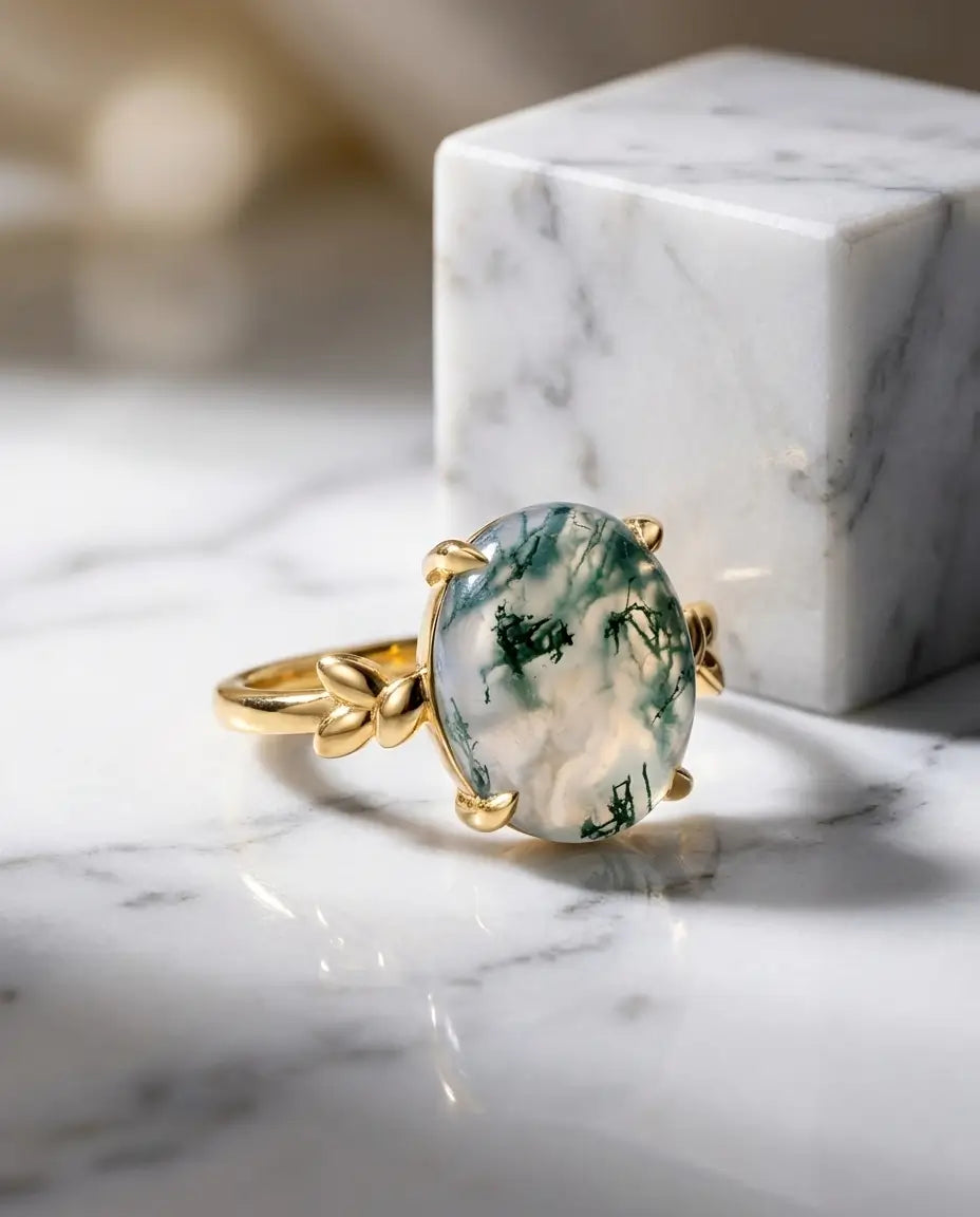 Moss Agate Ring – Oval Solitär 10x12 mm med Bladformade Klor, 10K Guldpläterat 925 Sterling Silver