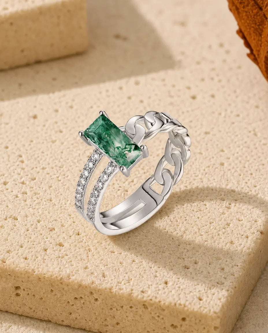 Moss Agate Ring – Trappslipad Sten på Tvären med Pansarlänk och Dubbel Pavé, 925 Sterling Silver