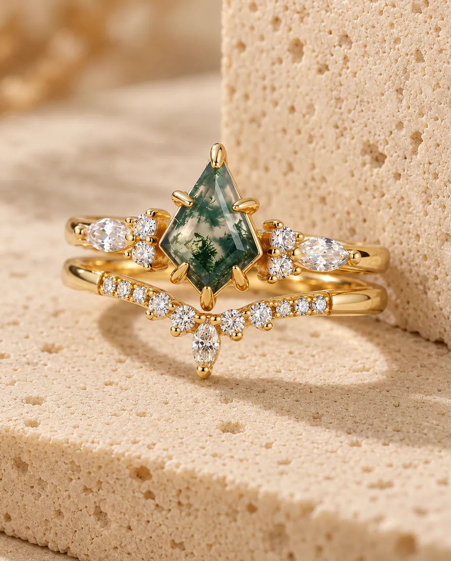 Moss Agate Ringset - hela setet