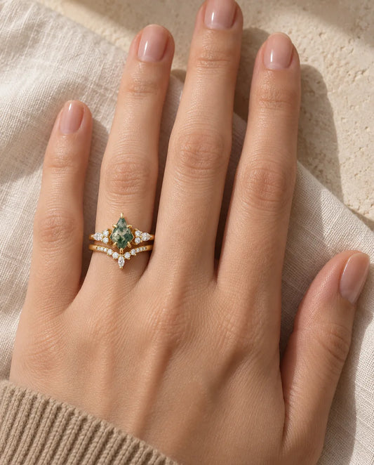 Moss Agate Ringset - buren på handen