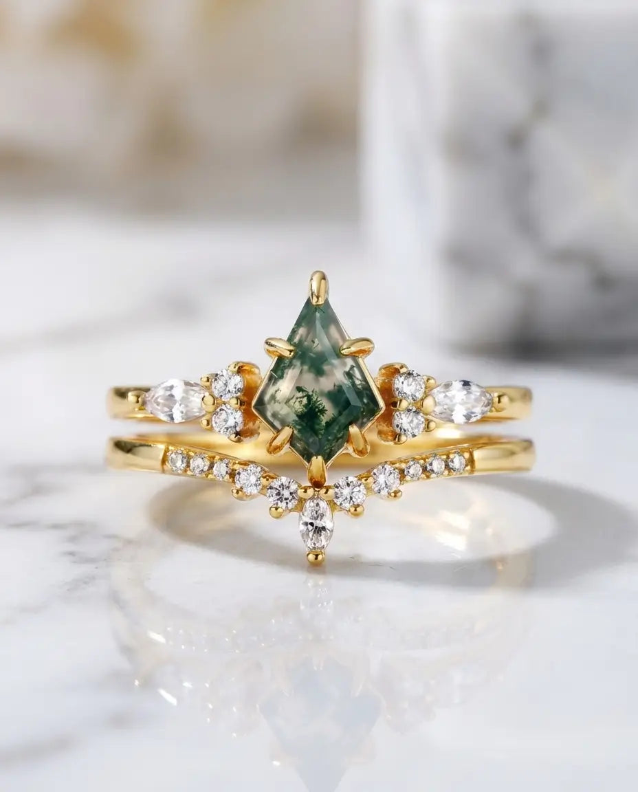 Moss Agate Ringset – Kite-slipad Sten 6x9 mm, Stapelbart Par i 925 Sterling Silver, Förlovning