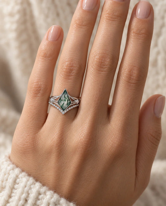 Moss Agate Ringset - buren på handen