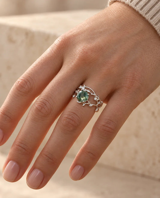 Moss Agate Ringset - buren på handen