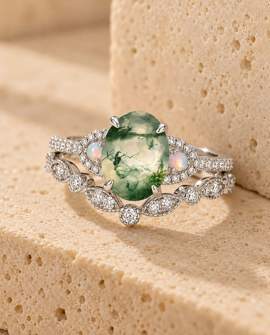 Moss Agate Ringset - hela setet