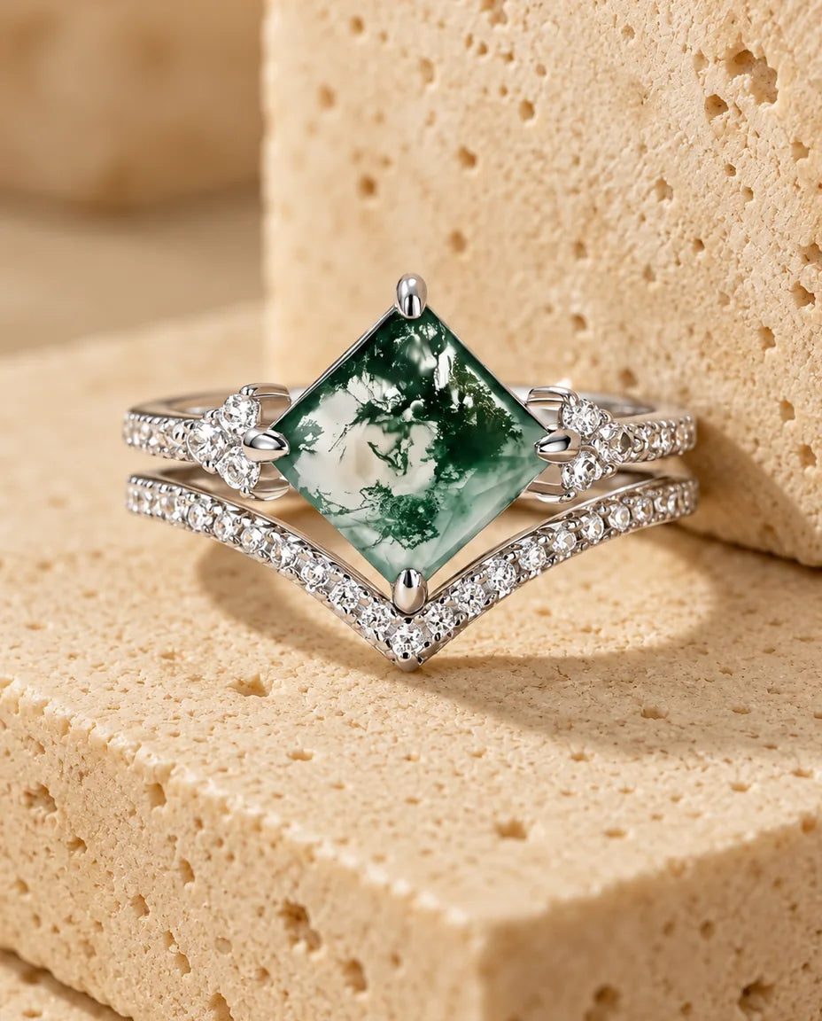 Moss Agate Ringset - hela setet