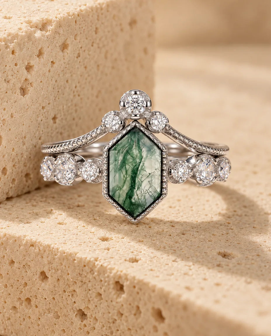 Moss Agate Ringset - hela setet