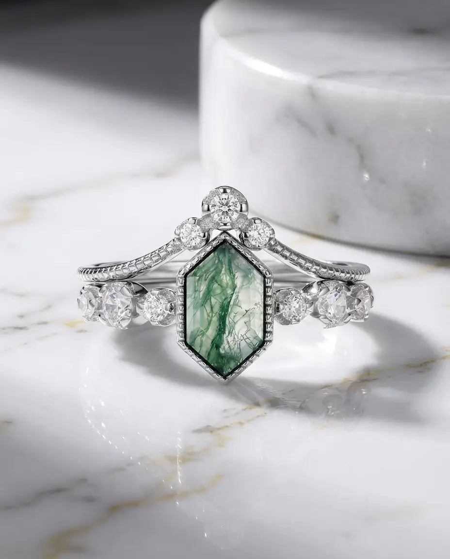 Moss Agate Ringset – Förlovningsring och Vigselring med Milgrain, Avlång Hexagon i 925 Sterling Silver