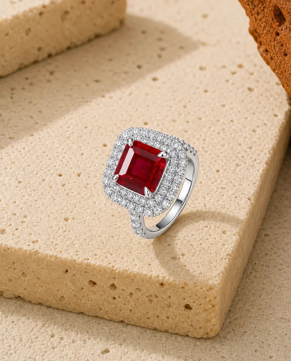 Rubinring – Fyrkantig Labbodlad Rubin 8 x 8 mm med Dubbel Halo, 925 Sterling Silver, Julis Månadssten